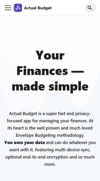 Actual Budget homepage on a phone