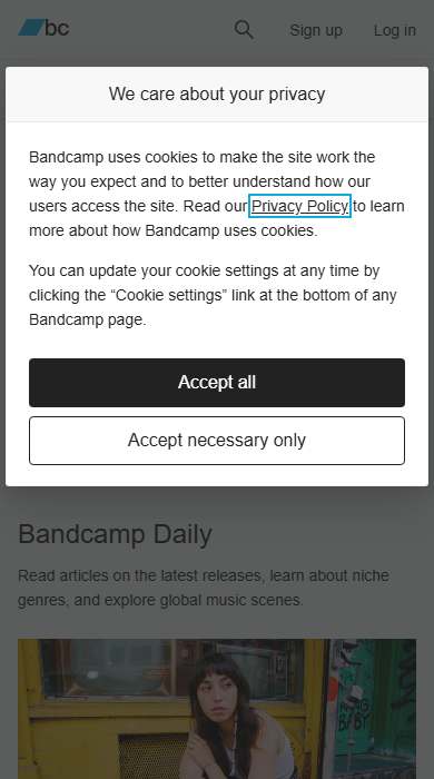 Bandcamp homepage on a phone