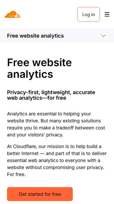 Cloudflare Web Analytics homepage on a phone