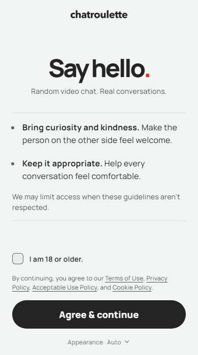 Chatroulette homepage on a phone