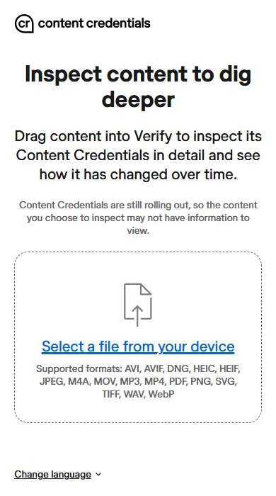 Content Credentials Verify homepage on a phone