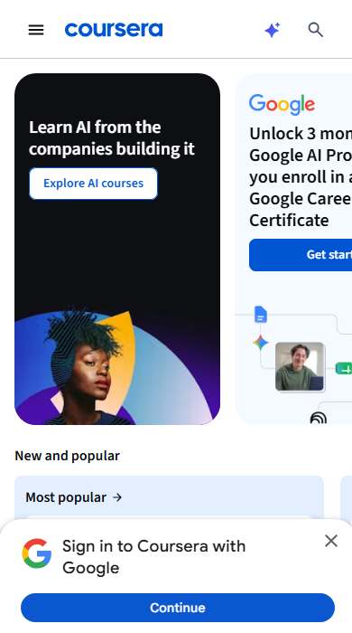 Coursera homepage on a phone