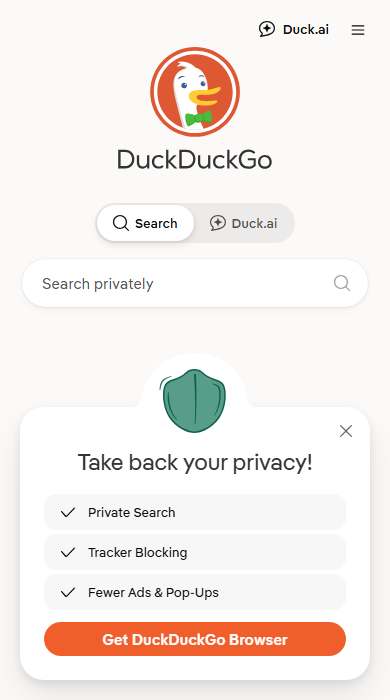 DuckDuckGo homepage on a phone
