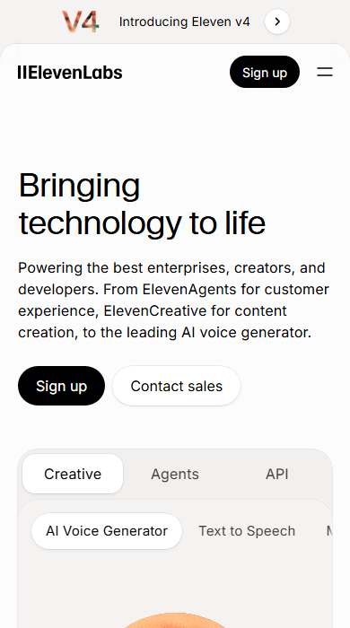 ElevenLabs homepage on a phone