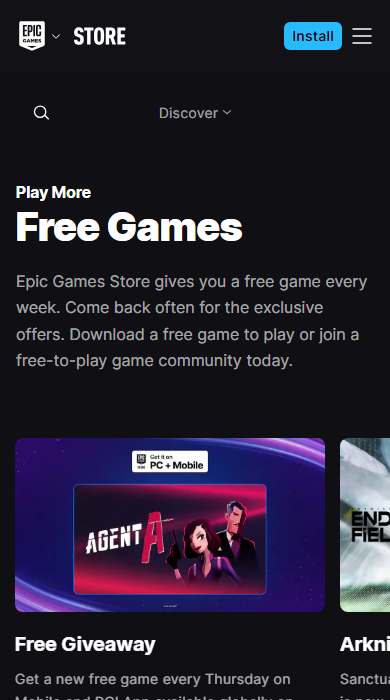 Epic Games Store homepage on a phone