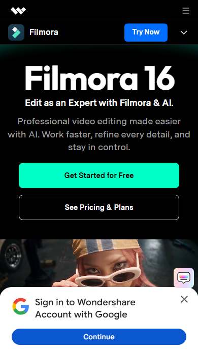 Filmora homepage on a phone
