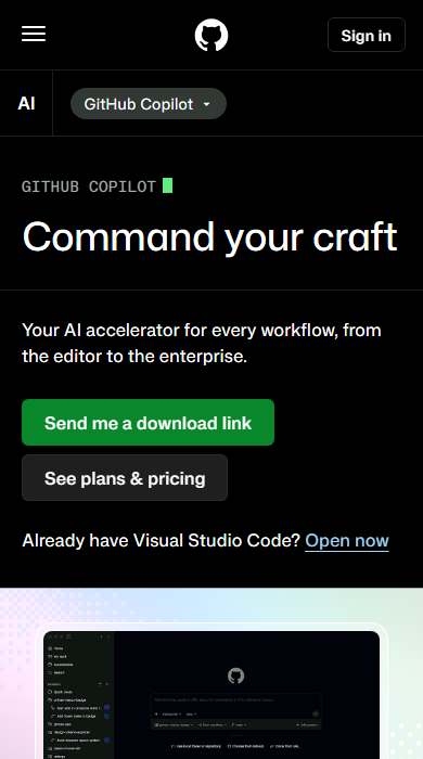 GitHub Copilot homepage on a phone
