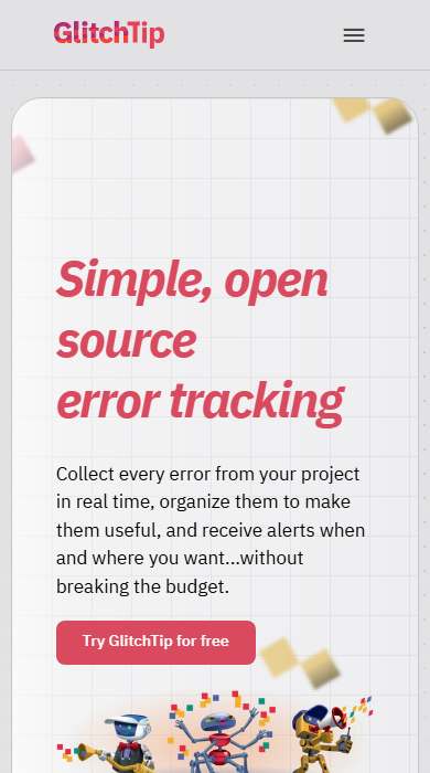 GlitchTip homepage on a phone