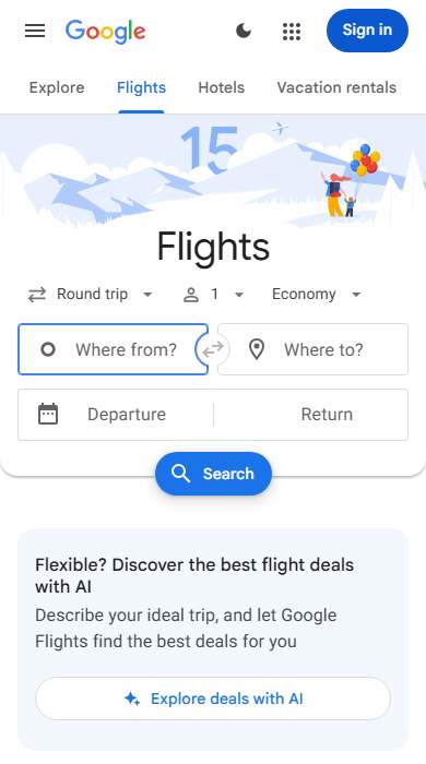 Google Flights homepage on a phone
