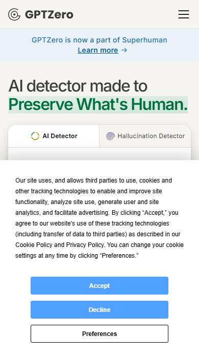 AI text detectors homepage on a phone