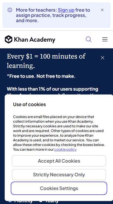 Khan Academy homepage on a phone
