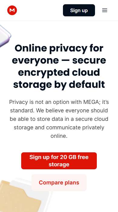 MEGA homepage on a phone