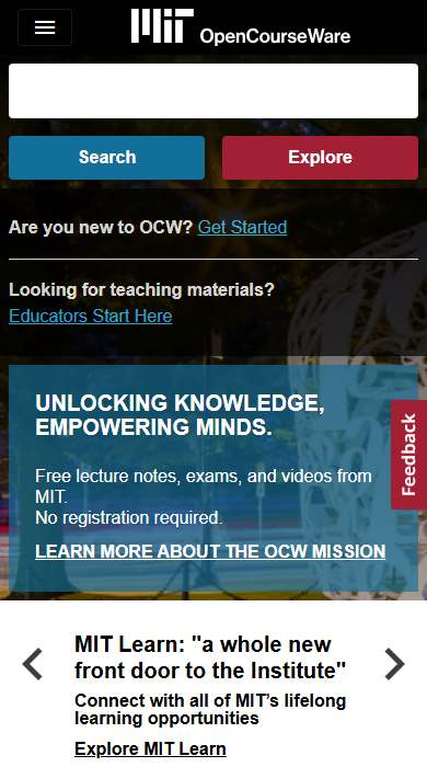 MIT OpenCourseWare homepage on a phone