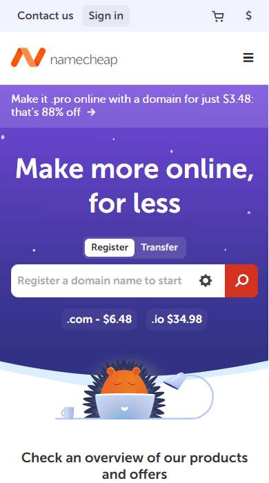 Namecheap homepage on a phone