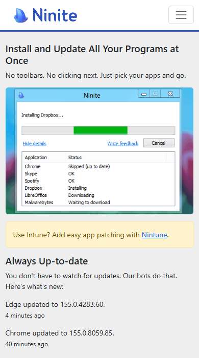 Ninite homepage on a phone