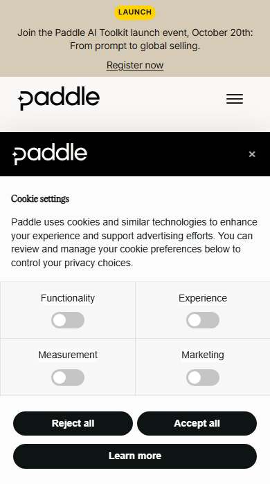 Paddle homepage on a phone