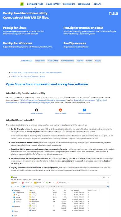 PeaZip homepage on a phone