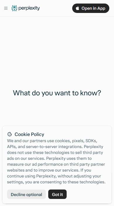 Perplexity homepage on a phone