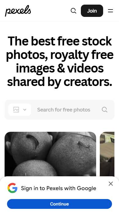 Pexels homepage on a phone