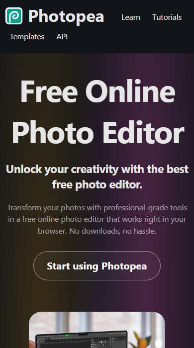 Photopea homepage on a phone
