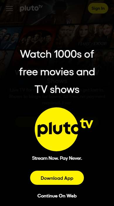Pluto TV homepage on a phone
