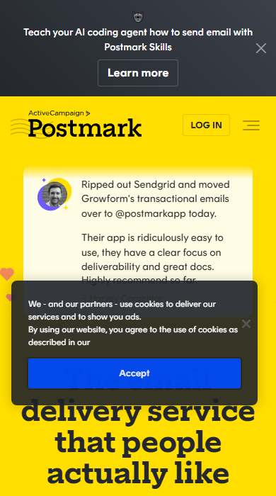 Postmark homepage on a phone