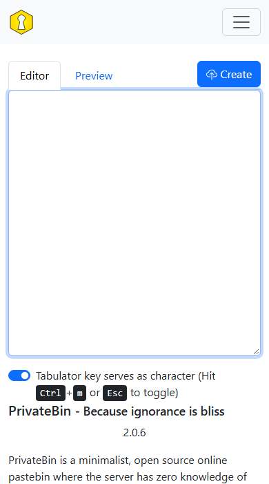 PrivateBin homepage on a phone