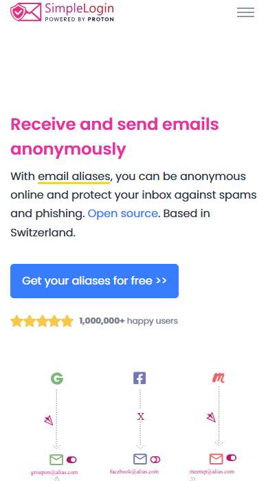 SimpleLogin homepage on a phone