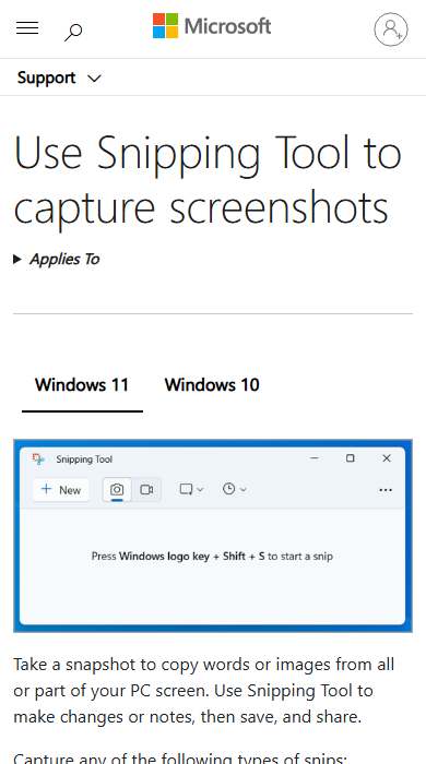 Windows Snipping Tool homepage on a phone