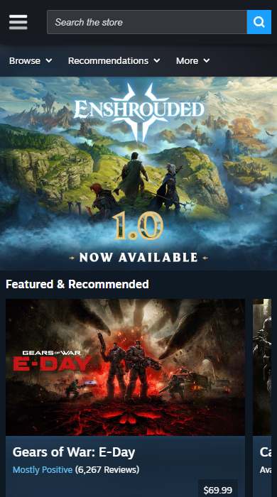 Steam homepage on a phone