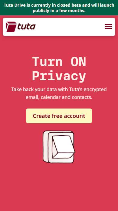 Tuta homepage on a phone