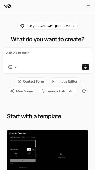 v0 homepage on a phone