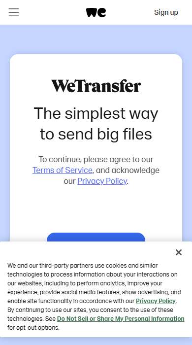 WeTransfer homepage on a phone