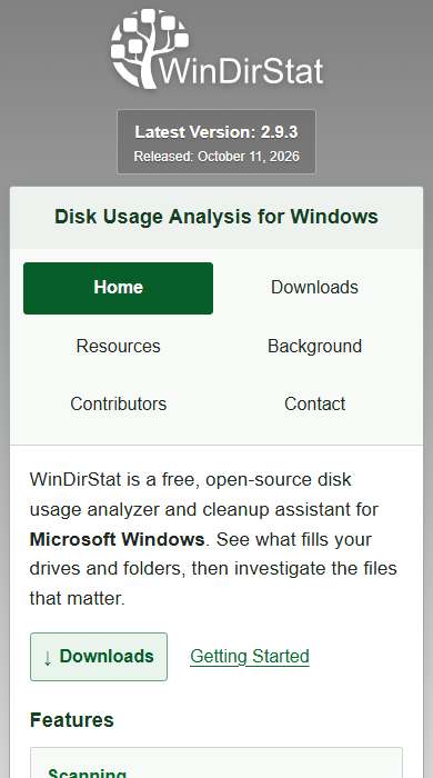 WinDirStat homepage on a phone
