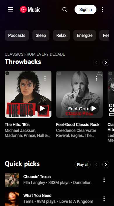 YouTube Music homepage on a phone